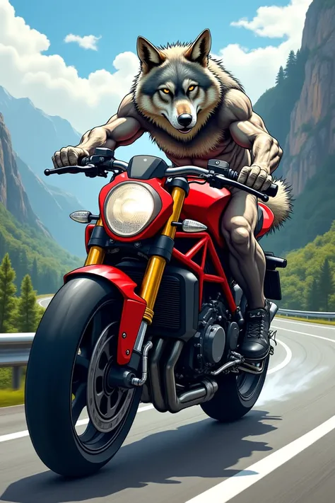 Anthropomorphic Iberian wolf with a Ducati V4 anime