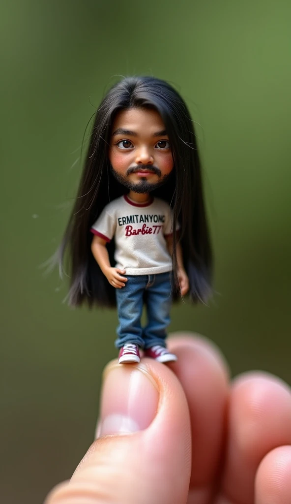 a petite Filipino man with very long straight black hair, with very short thin beard, wearing a t-shirt that says "Ermitanyong Barbie777", the size of a human finger, is shown very close up while standing on a
human finger. The human body and all the finge...