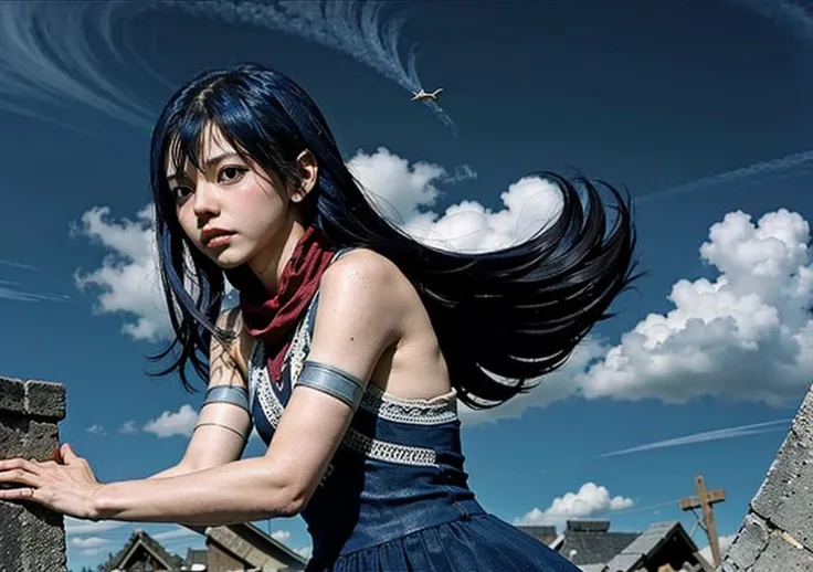 Wendy Marvell, the young air magician, is in a dark landscape, where the sky is obstructed by threatening storm clouds. Gusts of wind swirl around her, sweeping debris scattered on the ground, but she remains calm, her eyes full of determination. His red s...