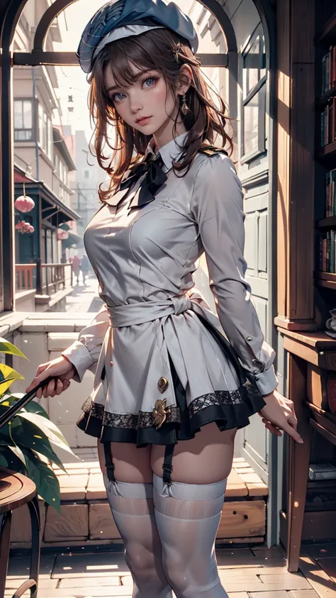 (iwanaga dress:1.2), (Rock vine:0.9),(beret:1.8), Kotoko Iwanaga, One***, beret, black bow, blue  skirt, bow, Brown footwear, Cane,  dress, hair bow,  has , holding, holding Cane,   Juliet Sleeves ,  light brown hair ,  Long Sleeve ,  show viewer , pettico...