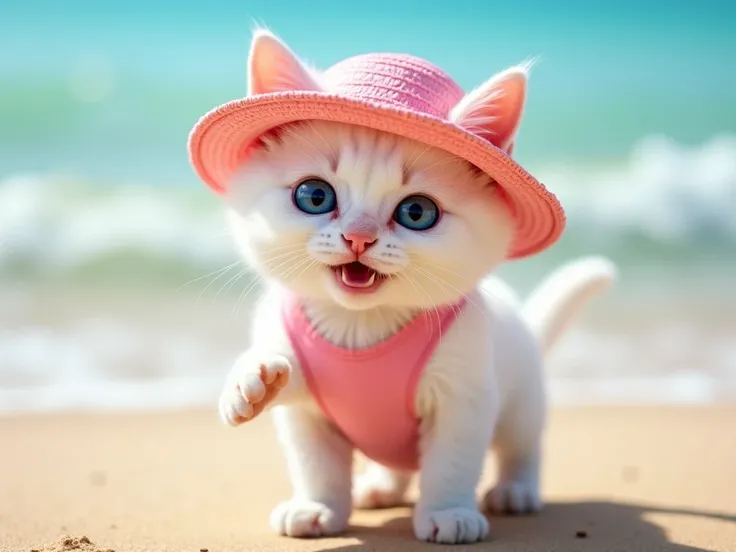  An adorable white cat puppy with fluffy fur and big blue eyes, is standing on the sand of the beach .  He wears a pink swimsuit and a pink straw hat ,  with a frightened expression . The sea is in the background, with soft waves,  and the scenery suggests...