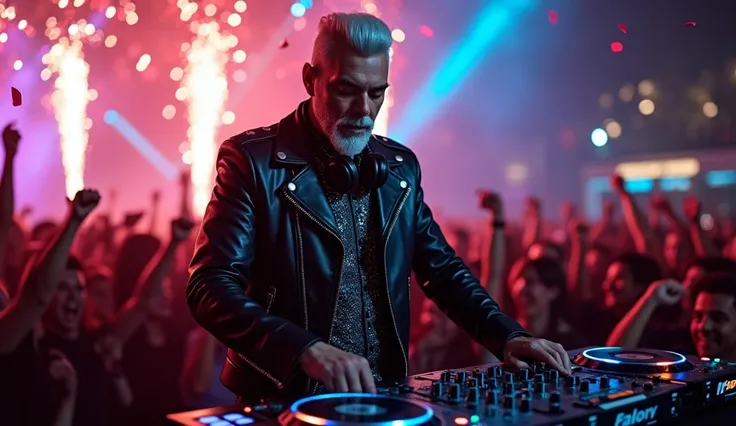 "Freddie Mercury, aged 55, DJing at a lively New Years Eve party. He has a white beard, neatly trimmed white hair, a well-groomed beard and moustache, and is a stylish and modern DJ in a stylish black leather jacket, a fitted shirt with shiny metallic deta...