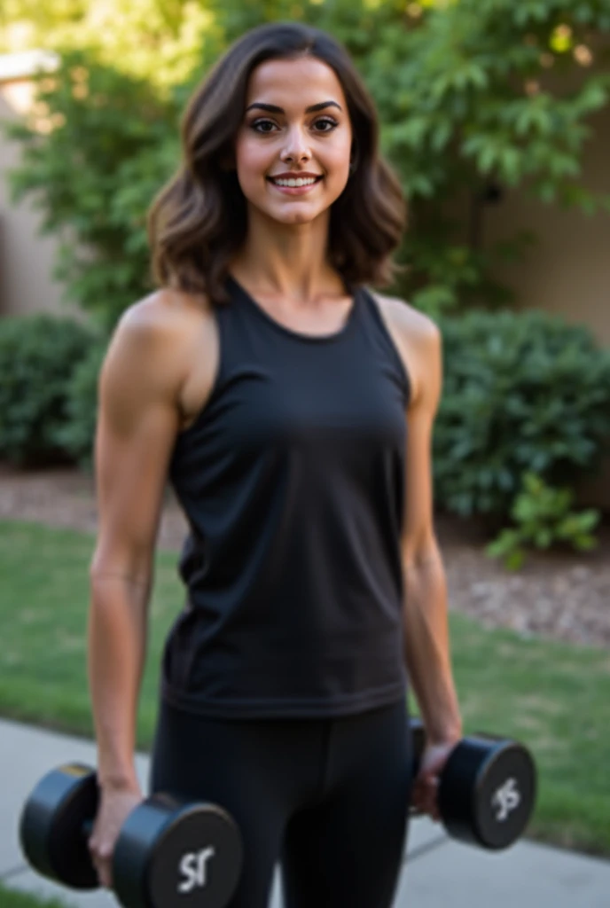  digital photograph  a woman in The background shows back yard,  natural light to illuminate the space. The woman is positioned in the foreground, holding black dumbbells in each hand. She has sholuder length wavy dark hair and fair skin. Her facial expres...