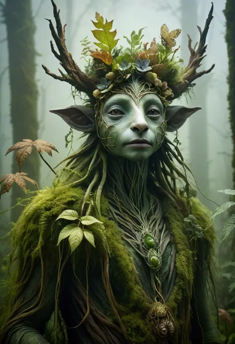 A forest creature made from dense fog, surrounded by mist and lush vegetation. In the style of Wendy Frouds eco-art.
