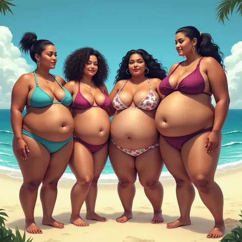 On the beach, standing, fattest, obese women pacific islanders Latino Africans Indian Chinese huge bellies go out of the bikini, fat huge love handles, enormous hips, thick enormous ass