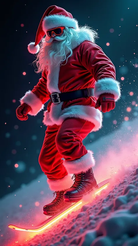 Cool stylish Santa on snowboard, chaotic and shifting form, made of binary code, glowing red and white, high-definition DSLR, f/3.5 aperture, glitchy effects, sharp angles and jagged lines, dark digital background, neon accents, dynamic low-angle shot, swi...