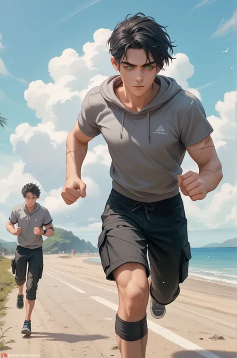 1boy, white, light tan skinned, athletic build, emerald eyes, black hair, medium hair, tied back, gray hoodie short sleeve, black cargo pants, scars on arms, jogging, cloudy beach, High Resolution, Masterpiece, Anatomically Correct, High Details, 