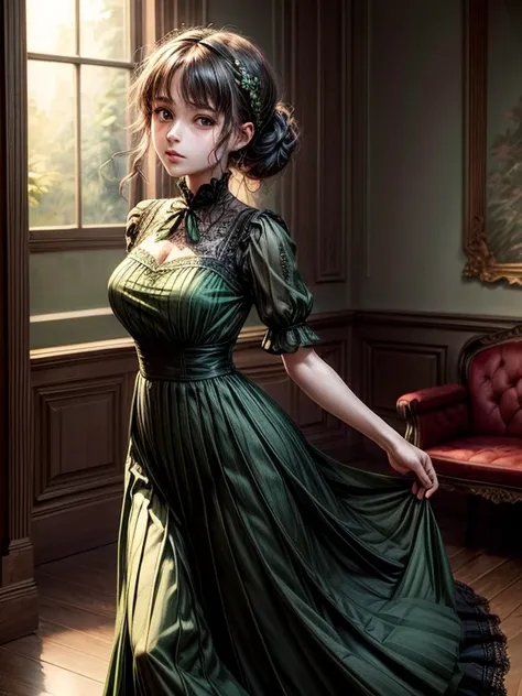 ((  masterpiece )), ( best quality), (simple style),  green dress, butterfly heart , pleated lace,  Edwardian lace dress.