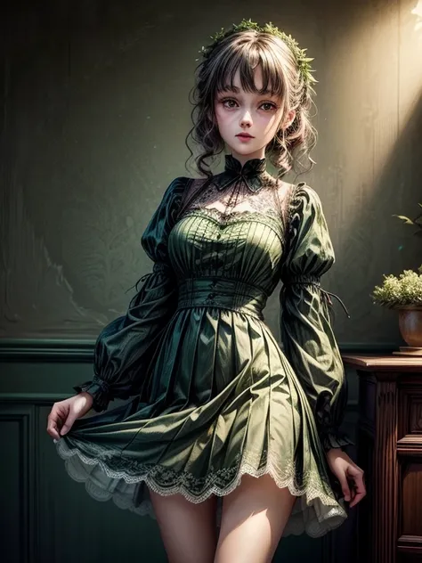 ((  masterpiece )), ( best quality), (simple style),  green dress, butterfly heart , pleated lace,  Edwardian lace dress.