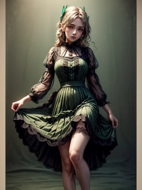 ((  masterpiece )), ( best quality), (simple style),  green dress, butterfly heart , pleated lace,  Edwardian lace dress.