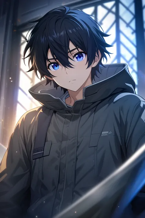 (best quality:1.1), (masterpiece:1.4), game cg, looking at viewer, , depth of field, , , 1boy, solo, male focus, black hair, blue eyes, short hair, hair between eyes, comma