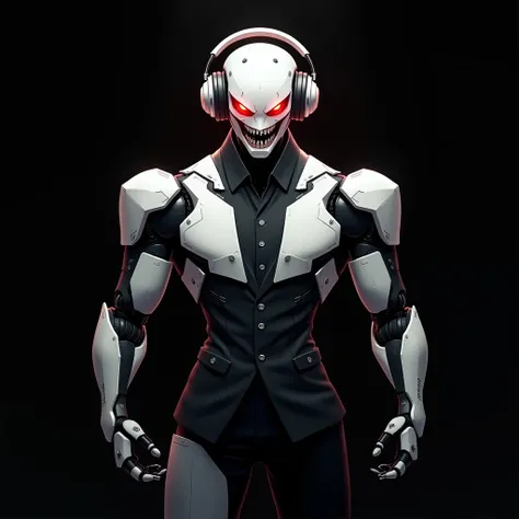 A striking digital illustration of a futuristic robot features an innovative design with a sleek, white body and distinctive red eyes. The robot is adorned with a black suit and stands tall, its angular facial expression revealing a fierce, evil grin. A tr...