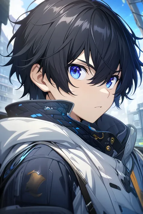 character design, (best quality:1.1), (masterpiece:1.4), game cg, looking at viewer, , depth of field, , , 1boy, solo, male focus, black hair, blue eyes, short hair, hair between eyes, comma