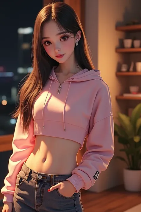 4K, UHD, masterpeice, night environment,dark room, 1 girl, good face, detailed eyes, detailed lips, shy smile, cute looks, very long hair, straight hair, very long hair, beautiful hair, hairband, gradient hair, ((pink hoodie )), ((coal black jeans)), thun ...