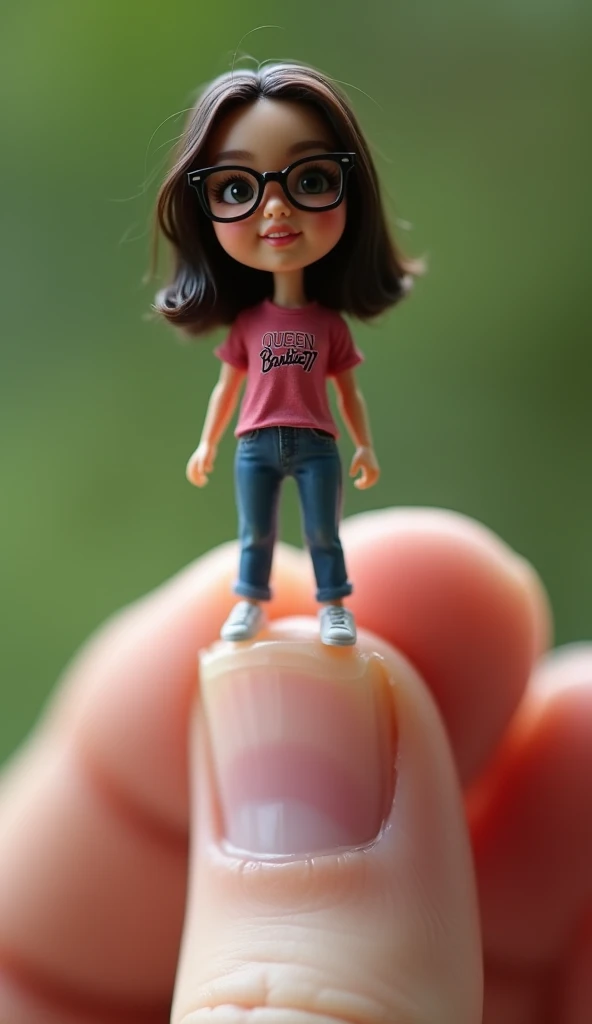 a petite Filipino woman with shoulder lenght hair, wearing eyeglass,, wearing a t-shirt that says "Queen Barbie777", the size of a human finger, is shown very close up while standing on a
human finger. The human body and all the fingers that support it are...