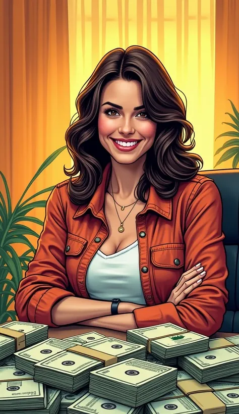 DISCREET image. with discreet casual clothes. image adult woman, american, comic book style. happy. with a table full of money. IMAGES WITH VIBRANT COLORS.