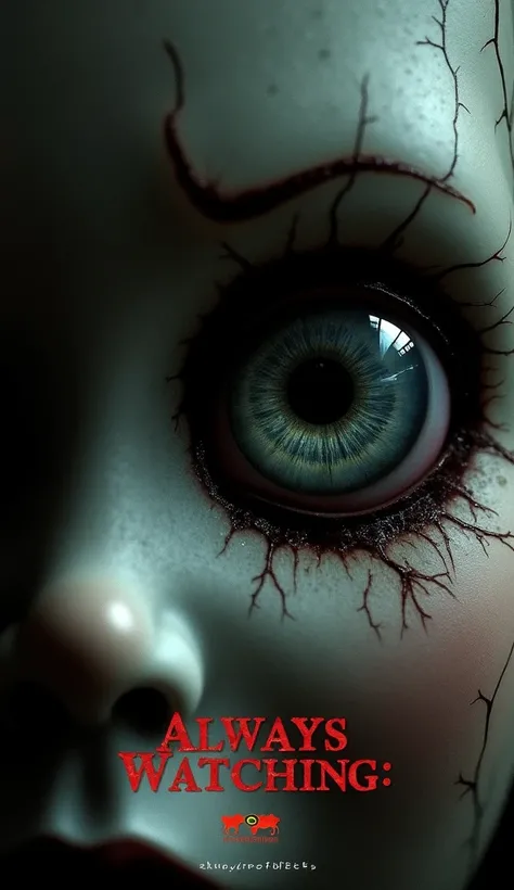 Realistic Horror sign horror movie cover "Los Ojos que Nunca Parpadean"
Background: A close-up of a cracked doll eye reflecting a terrified human face.
Text: "Siempre te están mirando..." in blood-red with shadow.
Channel: "INVICTUSSTORIES" in metallic sil...