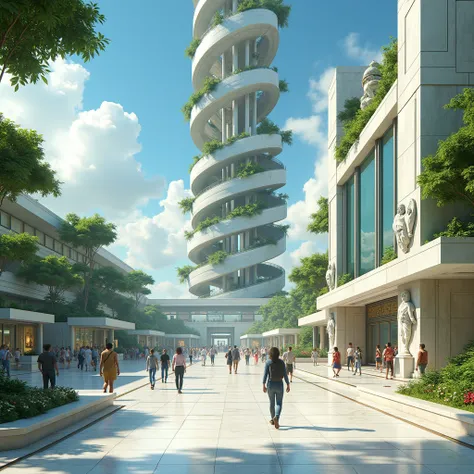 until,  digital illustration ,  highly detailed ,  tongue ,  an unrealistic illustration ,  digital painting ;  a large and stunning plaza ,  built with bright white marble that reflects sunlight ,  scene at the foot of a monumental futuristic spiral tower...