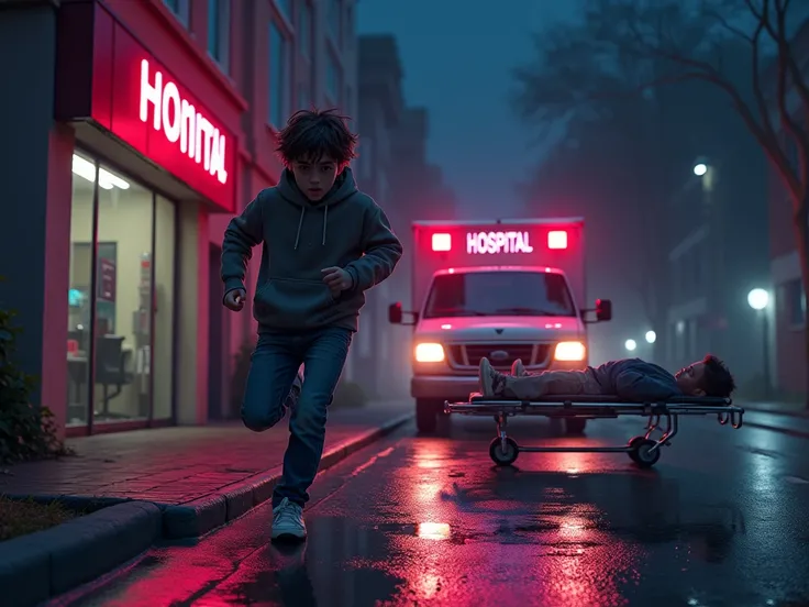 Scene Description: "Create a dramatic and gritty urban hospital scene at night. The background shows the hospital building with a dim neon sign. In the foreground, there’s an ambulance parked outside with flashing lights, casting an intense glow on the wet...