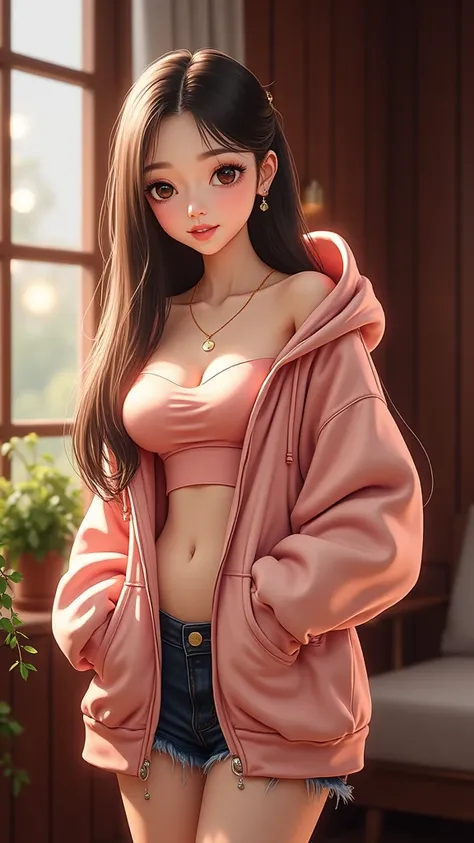 4K, UHD, masterpeice, night environment,dark room, 1 girl, good face, detailed eyes, detailed lips, shy smile, cute looks, very long hair, straight hair, very long hair, beautiful hair, hairband, gradient hair, ((pink hoodie )), ((coal black jeans)), thun ...