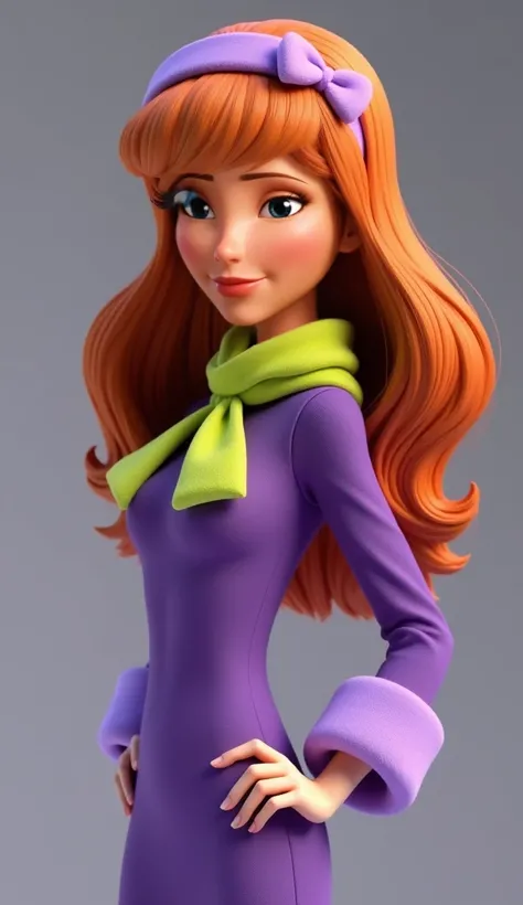 Daphne Blake from "Scooby Doo" as a 3D CGI rendered character. Wearing a purple dress with lavender sleeve cuffs. Redhead hair with bangs and a lilac heaband, realistic gorgeous hair texture, lime green cute scarf, smart and cute. "Scooby-Doo" body proport...