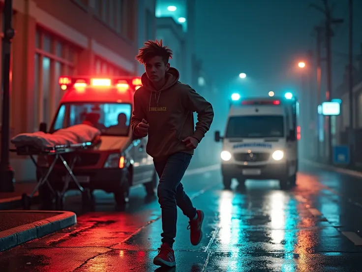 Scene Description: "Create a dramatic and gritty urban hospital scene at night. In the foreground, there is an ambulance with flashing lights, casting an intense glow on the wet pavement, creating reflections. A stretcher is visible inside the ambulance, w...