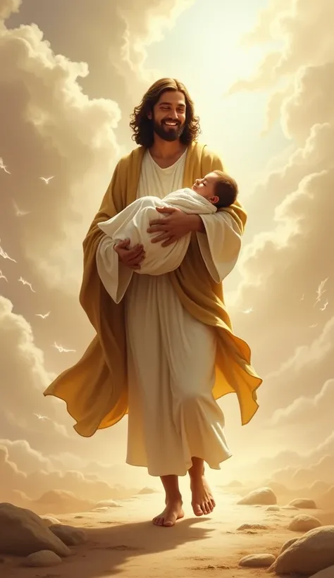 Depict Jesus walking barefoot across a path of light, wearing robes of beige and gold. He gently cradles a sleeping baby wrapped in white, his serene smile radiating peace. The background features swirling clouds and faint angelic forms in a wide-angle 9:1...