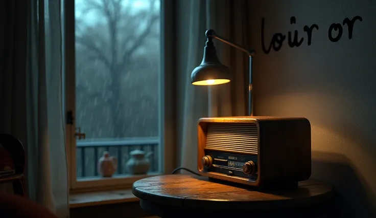  a wooden radio on a table next to a window,  on the wall written  "L o u v o r" , Night rain outside 