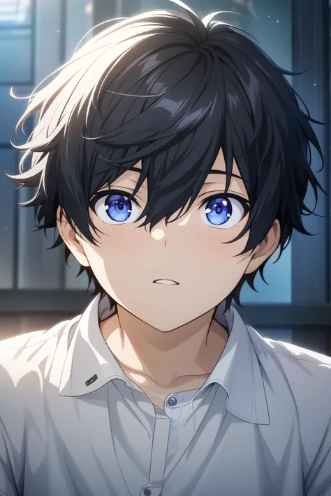 character design, (best quality:1.1), (masterpiece:1.4), game cg, looking at viewer, , depth of field, , , 1boy, solo, male focus, black hair, blue eyes, short hair, hair between eyes, comma, wear white shirts, student