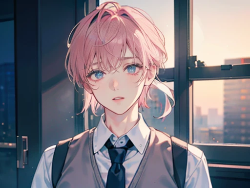 1st son, Face focus, adult, ,  White Vest ,  white shirt, tie, panties, Top class,  Adopted by Death ,  Detailed Face , office,  From Window {x} Building,  Detailed Background, night,  depth of field , bokeh dof,죽음에, pink hair,  Stunned Face 