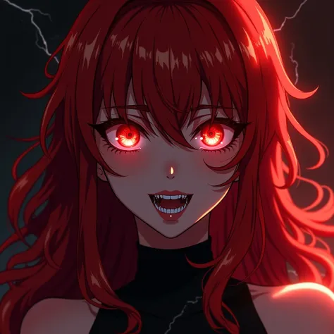 A bad girl ,Beautiful face ,neon red eyes ,long wavy fire red hair ,dientes puntiagudos,monster, blood , ultra realistic anime style HDR 12k 