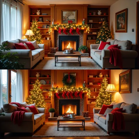 Before-and-after images of a cozy living room transformation with warm holiday tones December