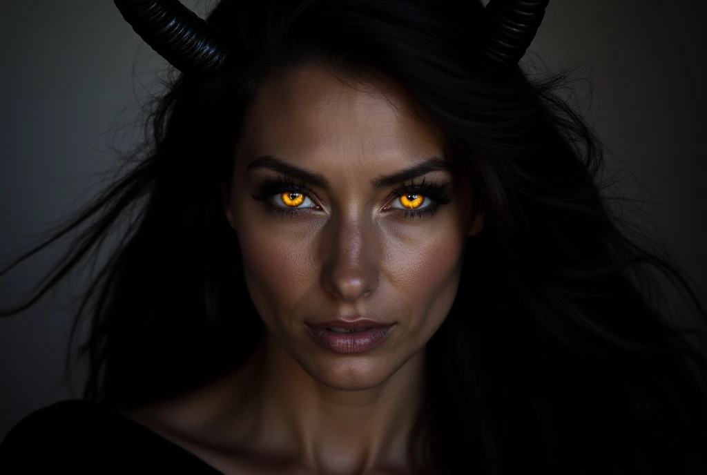 ((masterpiece)) ((photography)) ((Highest quality)) A close-up portrait of a devilish woman with intense, captivating eyes that draw you in. Her face is framed by dark, flowing hair, and she sports two sharp, twisted horns emerging from her head, replacing...