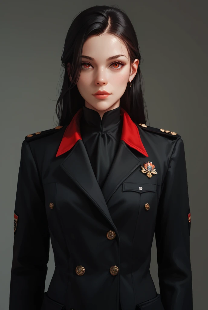 A young girl with a Black military uniform, with red accents on the tips, an overcoat and a sun on the right side of the chest