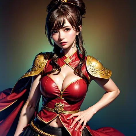  close-up of a woman wearing red armor and a red cloak, 1 person, high ponytail ,Cleavage , Thin Waist High Definition Face and Skin Textures, camera pointing at your butt, perfect beauty: 1.4, fine grain, double eyelids, Whitening,  best quality ,  super ...