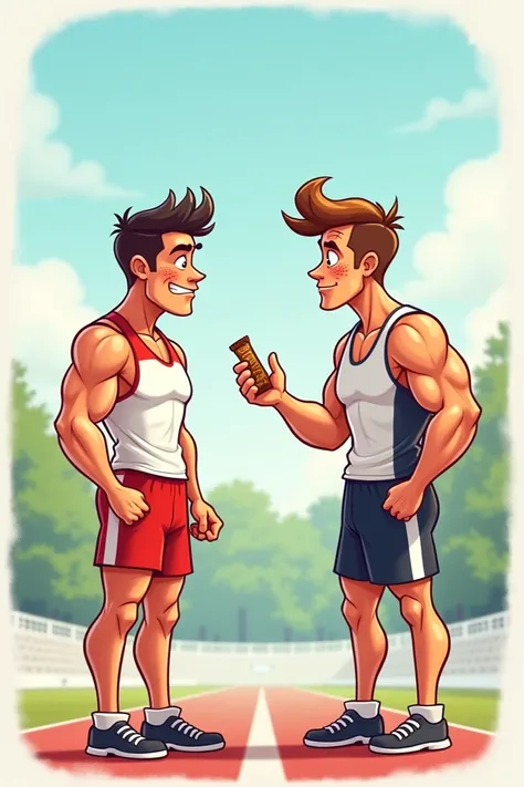  Create a picture of an athlete who is exhausted and receives an energy bar from another athlete. You should see the action from the front .  It should be two men and it should be as a cartoon 