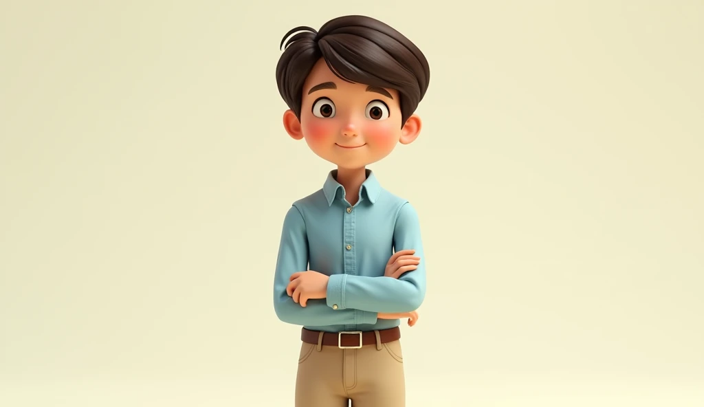 A 1970s-style character with simple features and pastel colors. A young man with short dark brown hair, wearing a light blue shirt and beige pants. He is standing with a gentle smile, looking forward. His posture is relaxed, with his hands loosely crossed ...