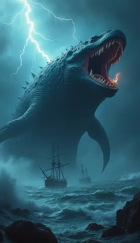 The Leviathan, realistic, hiper realistic, 8K, 16K,  unleashing their fury in the middle of an ocean storm ,  their jaws open showing glistening fangs ,  as wrecked ships float around them ;  a dark sky with lightning illuminating their colossal silhouette...