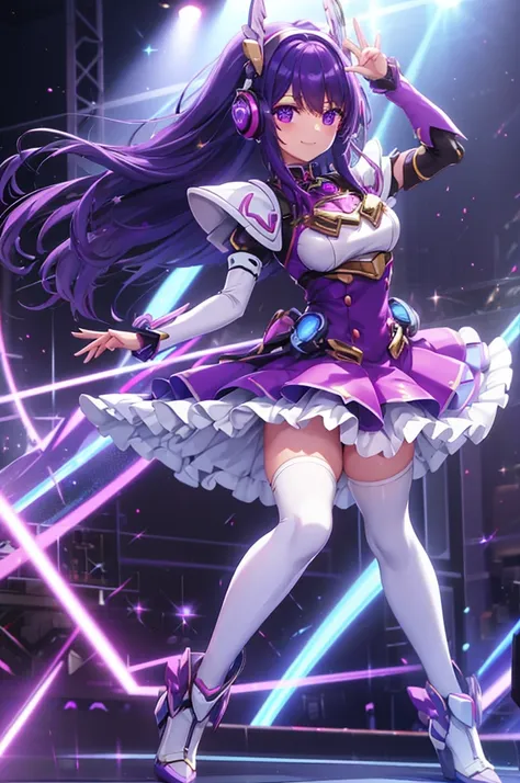  smiling、mecha wing、Thighs、tights、chest、 Shiny Purple Hair 、 1 girl、 solo girl 、 Headphones 、idol dress、idol skirt、mecha girl、I have a white armor 、 BLUE MINI SKIRT 