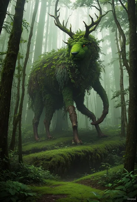 A forest creature made from dense fog, surrounded by mist and lush vegetation. In the style of Wendy Frouds eco-art.
