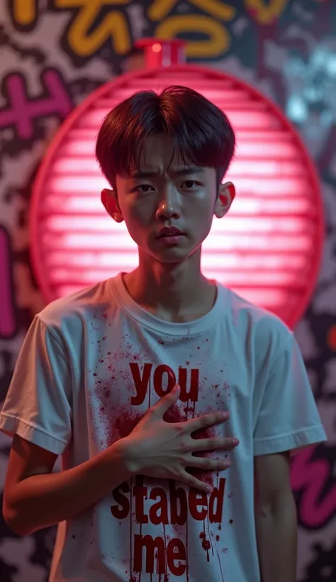  A handsome Korean young man wearing a white t-shirt with  "You stabbed me " he holds his chest his hands are bleeding,,,,,,  a blood-red liquid running down his chest , render 3d,  conceptual art ,  graffiti on the backside is a tin beehive of glossy pink...