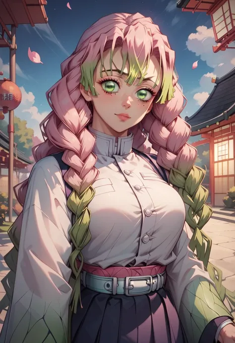 source_anime, highest quality, clear face, Mitsuri Kanroji from Kimetsu no yaiba, pink hair, green eyes, long hair, medium breasts, perfect body, looking at viewer, Kimetsu no yaiba uniform, in the park at night, turning around