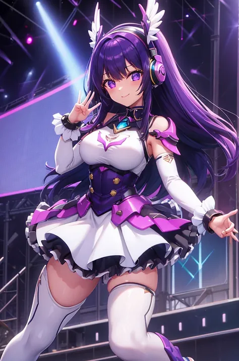  smiling、mecha wing、Thighs、tights、chest、 Shiny Purple Hair 、 1 girl、 solo girl 、 Headphones 、idol dress、idol skirt、mecha girl、I have a white armor 、 BLUE MINI SKIRT 