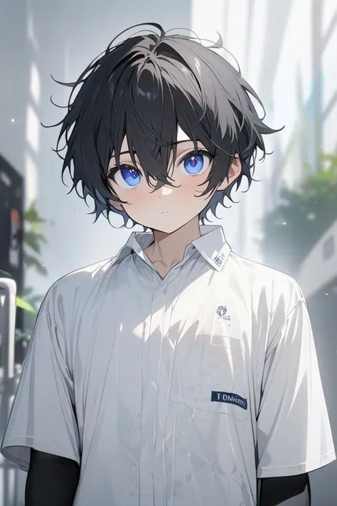 character design, (best quality:1.1), (masterpiece:1.4), looking at viewer, , depth of field, , , 1boy, solo, male focus, black hair, blue eyes, short hair, hair between eyes, comma, wear white shirts, student, full body scale, black sneaker