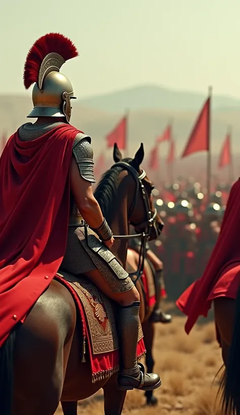 Several Roman generals(( riding a horse)) , dressed in ornate armor and red cloaks, are leading a massive army of thousands of disciplined Roman soldiers into battle against Spartacus and his rebel forces. The generals command their troops with authority, ...