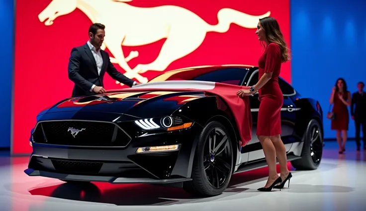 A sleek, ( 2025 ford Mustang) (black)complete image with wheels  car is being unveiled at a grand event. Frontal plates reads (ford)A young man in a suit is pulling a red and white cloth off the car while a  British  young woman  with smiling face in a Red...