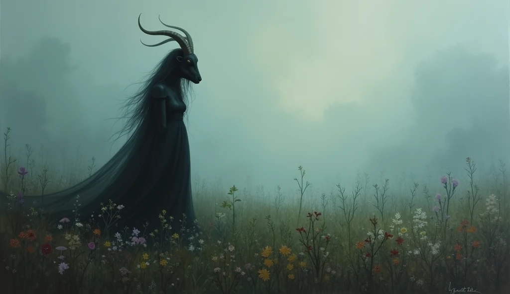 heavy fog , dark environment, Shadow of a woman with a goats head with very long hair in a flowery field,  impressionist painting style 