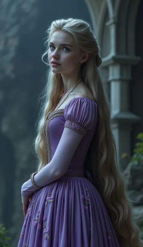 photorealism、super realistic and dark image , gloomy weather de  rapunzel de estilo sombrio com longos cabelos loiros que se estendem por vários metros.  His outfit is a lilac dress detailed with floral embroidery . detailed background, dark fantasy style,...