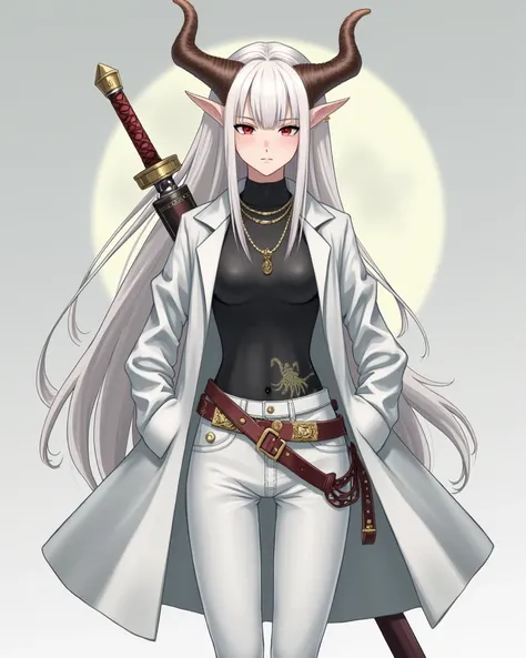 Descrição Resumida do Personagem mulher em Style Anime:**

- **Hair**:  Long and white , up to half the back.
- **Bright**:  Two curved horns emerge from the head .
- **First**: negro 
- **clothing**: shirt, tight white pants ;  golden tattoo on the torso ...