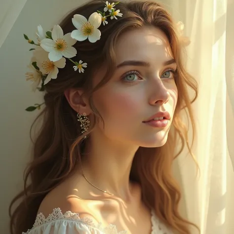 
" A heavenly woman with an angelic face ,  radiating purity and sweetness through her expressive and bright eyes, that almost hypnotize .  She is in a state of fullness ,  connected deeply to the spiritual world .  Your long, brown hair falls softly ,  ad...